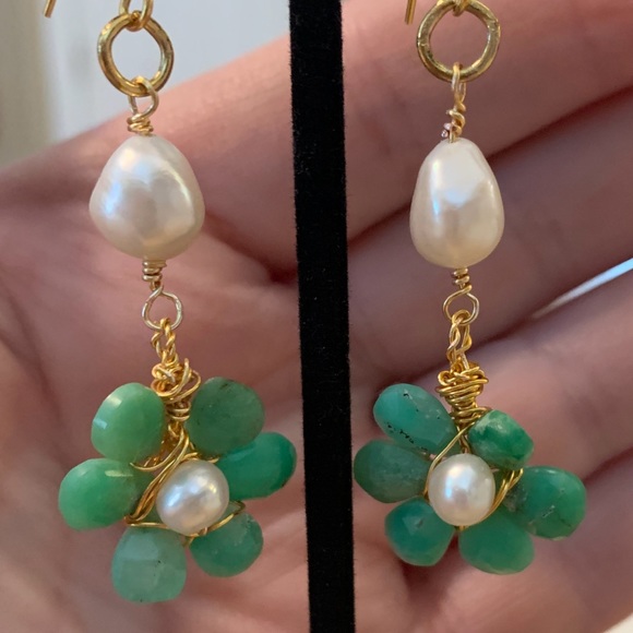 Handmade Chrysoprase and Pearl Flower Earrings - Picture 3 of 6